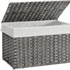 SONGMICS Storage Basket with Lid, 27.7 Gallon (105L) Storage Bin, Woven Blanket Storage Basket with Handles, Foldable, Removable Liner, Metal Frame, for Bedroom, Laundry Room, Gray URST066G01
