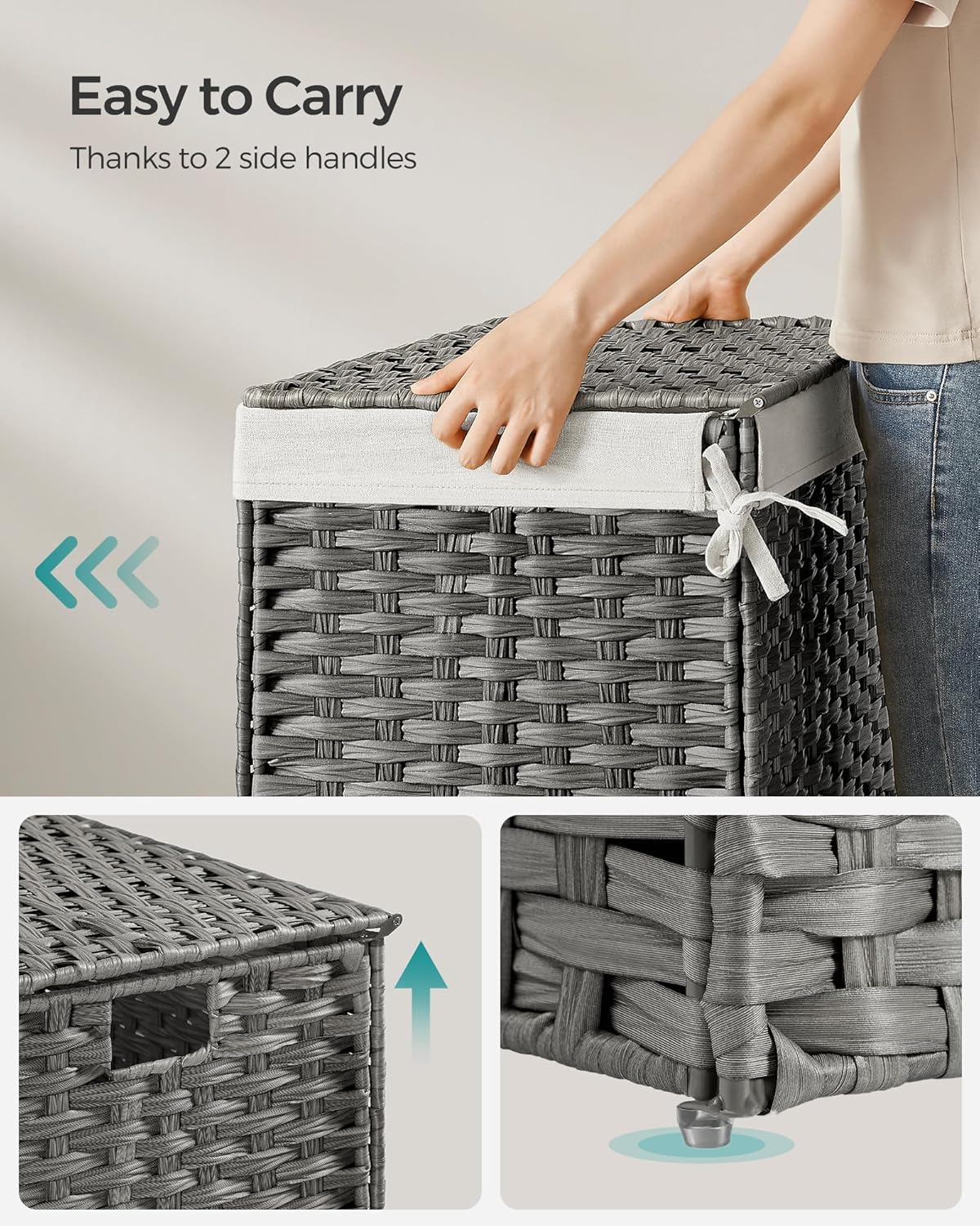 SONGMICS Storage Basket with Lid, 27.7 Gallon (105L) Storage Bin, Woven Blanket Storage Basket with Handles, Foldable, Removable Liner, Metal Frame, for Bedroom, Laundry Room, Gray URST066G010