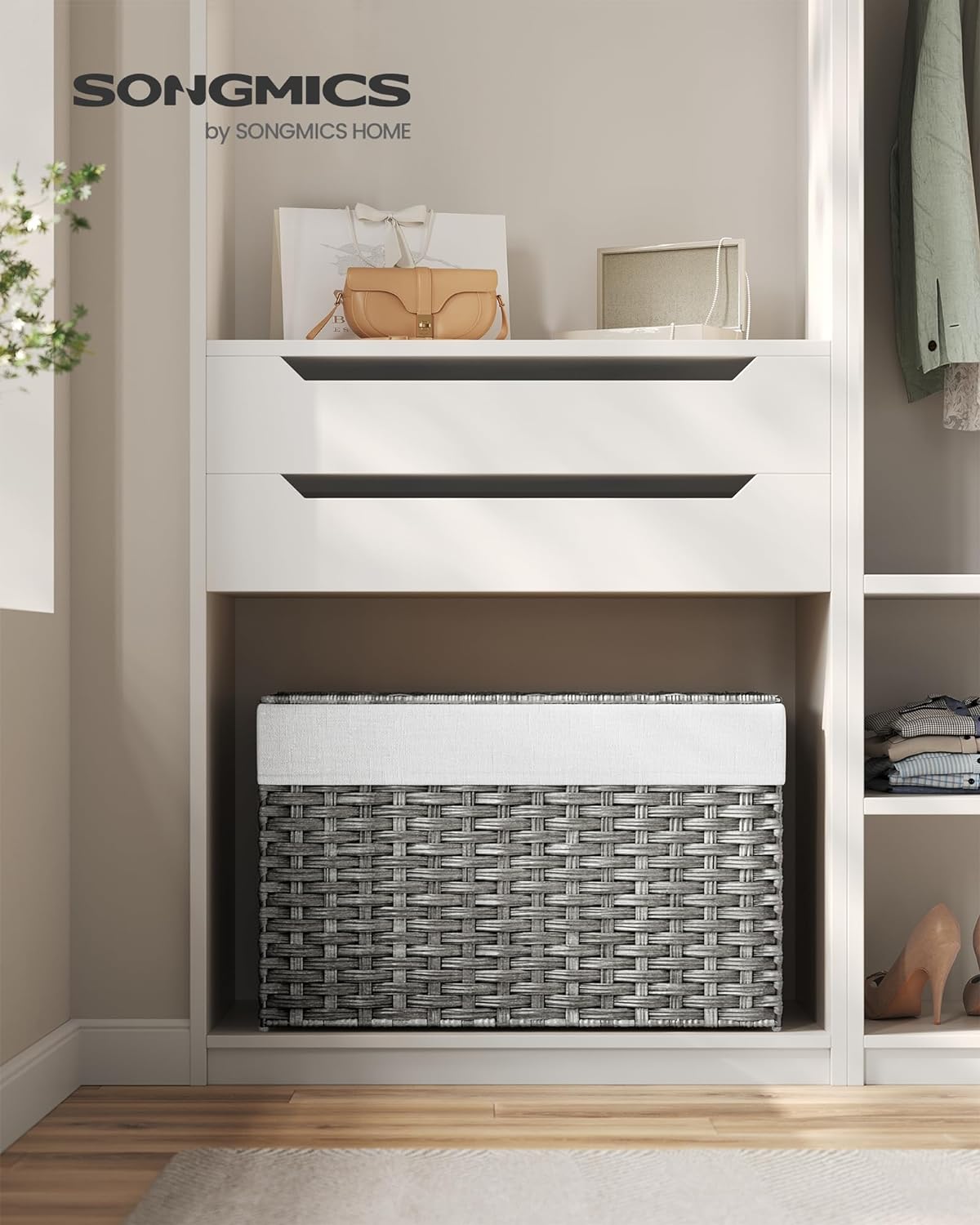 SONGMICS Storage Basket with Lid, 27.7 Gallon (105L) Storage Bin, Woven Blanket Storage Basket with Handles, Foldable, Removable Liner, Metal Frame, for Bedroom, Laundry Room, Gray URST066G011