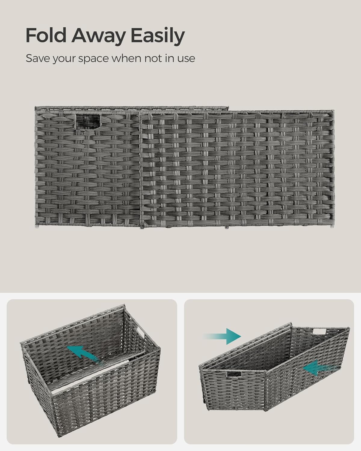 SONGMICS Storage Basket with Lid, 27.7 Gallon (105L) Storage Bin, Woven Blanket Storage Basket with Handles, Foldable, Removable Liner, Metal Frame, for Bedroom, Laundry Room, Gray URST066G0111