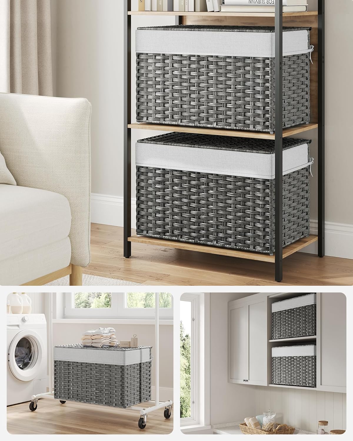 SONGMICS Storage Basket with Lid, 27.7 Gallon (105L) Storage Bin, Woven Blanket Storage Basket with Handles, Foldable, Removable Liner, Metal Frame, for Bedroom, Laundry Room, Gray URST066G015