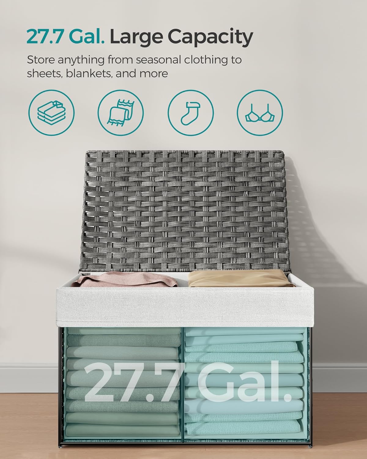 SONGMICS Storage Basket with Lid, 27.7 Gallon (105L) Storage Bin, Woven Blanket Storage Basket with Handles, Foldable, Removable Liner, Metal Frame, for Bedroom, Laundry Room, Gray URST066G019