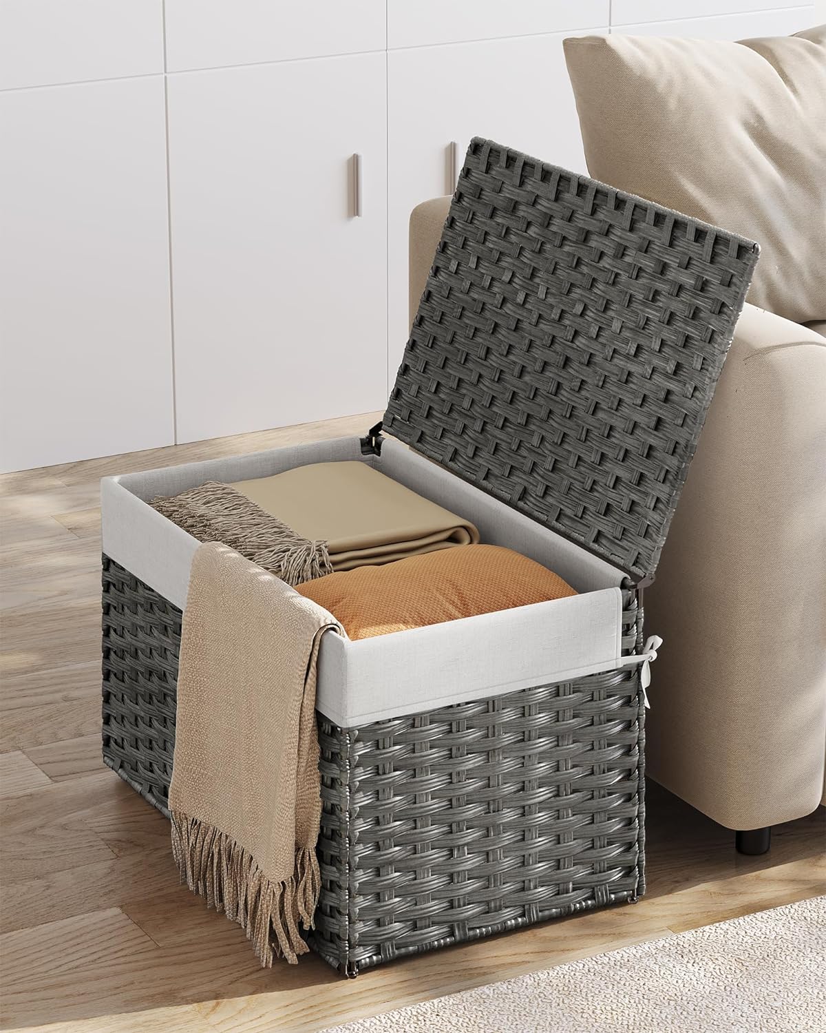 SONGMICS Storage Basket with Lid, 27.7 Gallon (105L) Storage Bin, Woven Blanket Storage Basket with Handles, Foldable, Removable Liner, Metal Frame, for Bedroom, Laundry Room, Gray URST066G01t