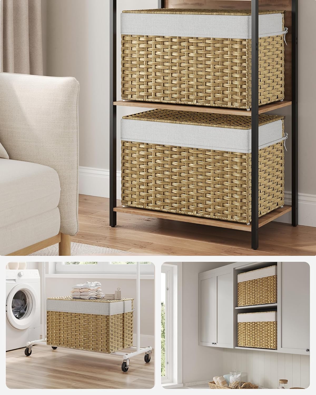 SONGMICS Storage Basket with Lid, 27.7 Gallon (105L) Storage Bin, Woven Blanket Storage Basket with Handles, Foldable, Removable Liner, Metal Frame, for Bedroom, Laundry Room, Natural URST066N012