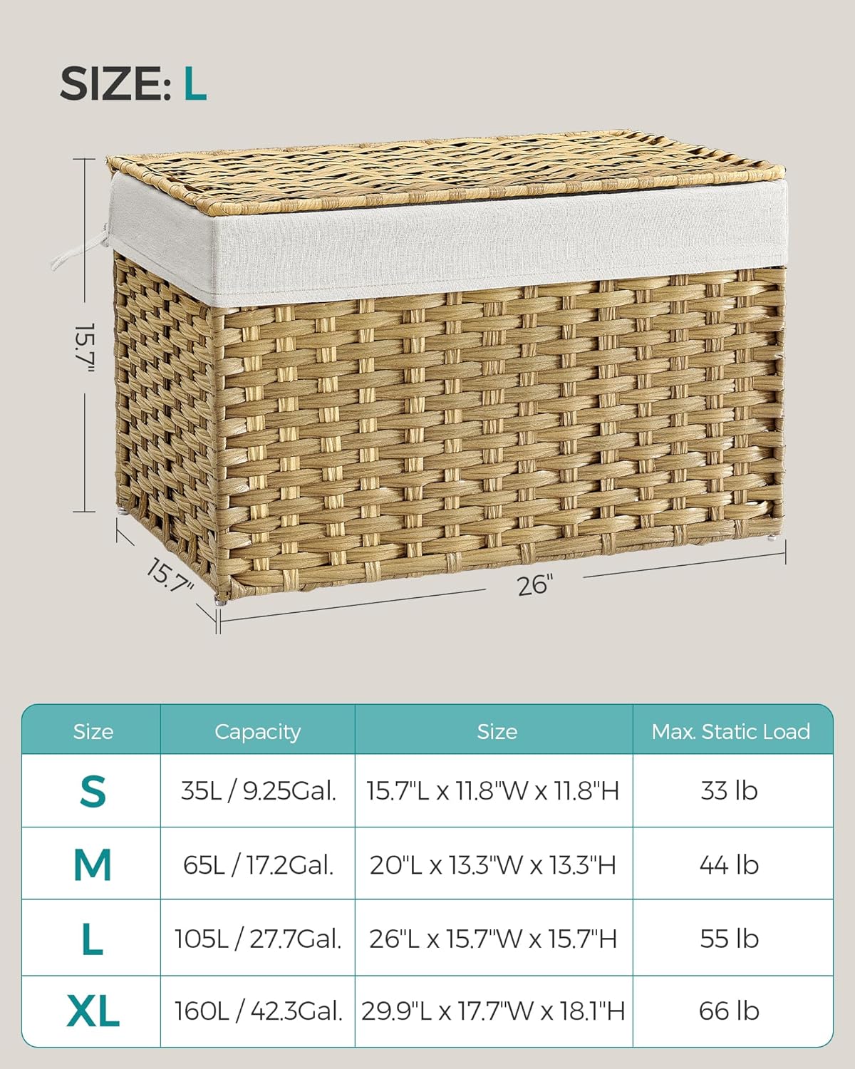 SONGMICS Storage Basket with Lid, 27.7 Gallon (105L) Storage Bin, Woven Blanket Storage Basket with Handles, Foldable, Removable Liner, Metal Frame, for Bedroom, Laundry Room, Natural URST066N014