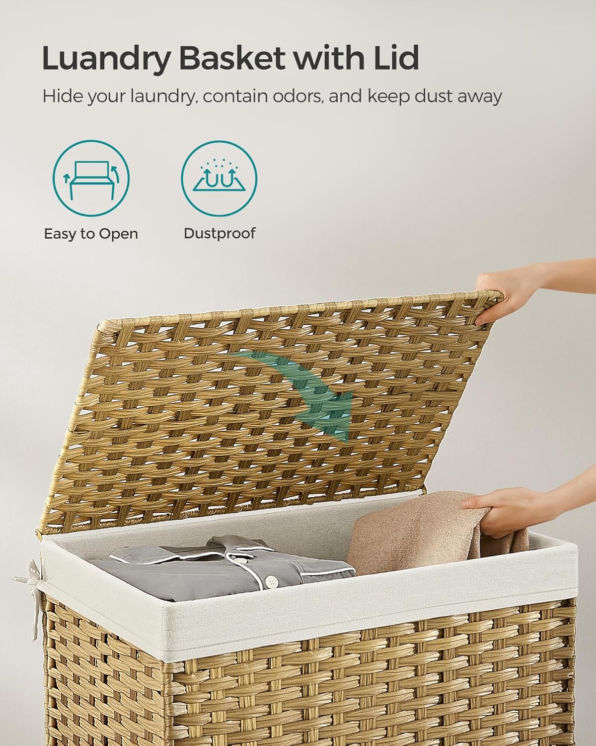 SONGMICS Storage Basket with Lid, 27.7 Gallon (105L) Storage Bin, Woven Blanket Storage Basket with Handles, Foldable, Removable Liner, Metal Frame, for Bedroom, Laundry Room, Natural URST066N015