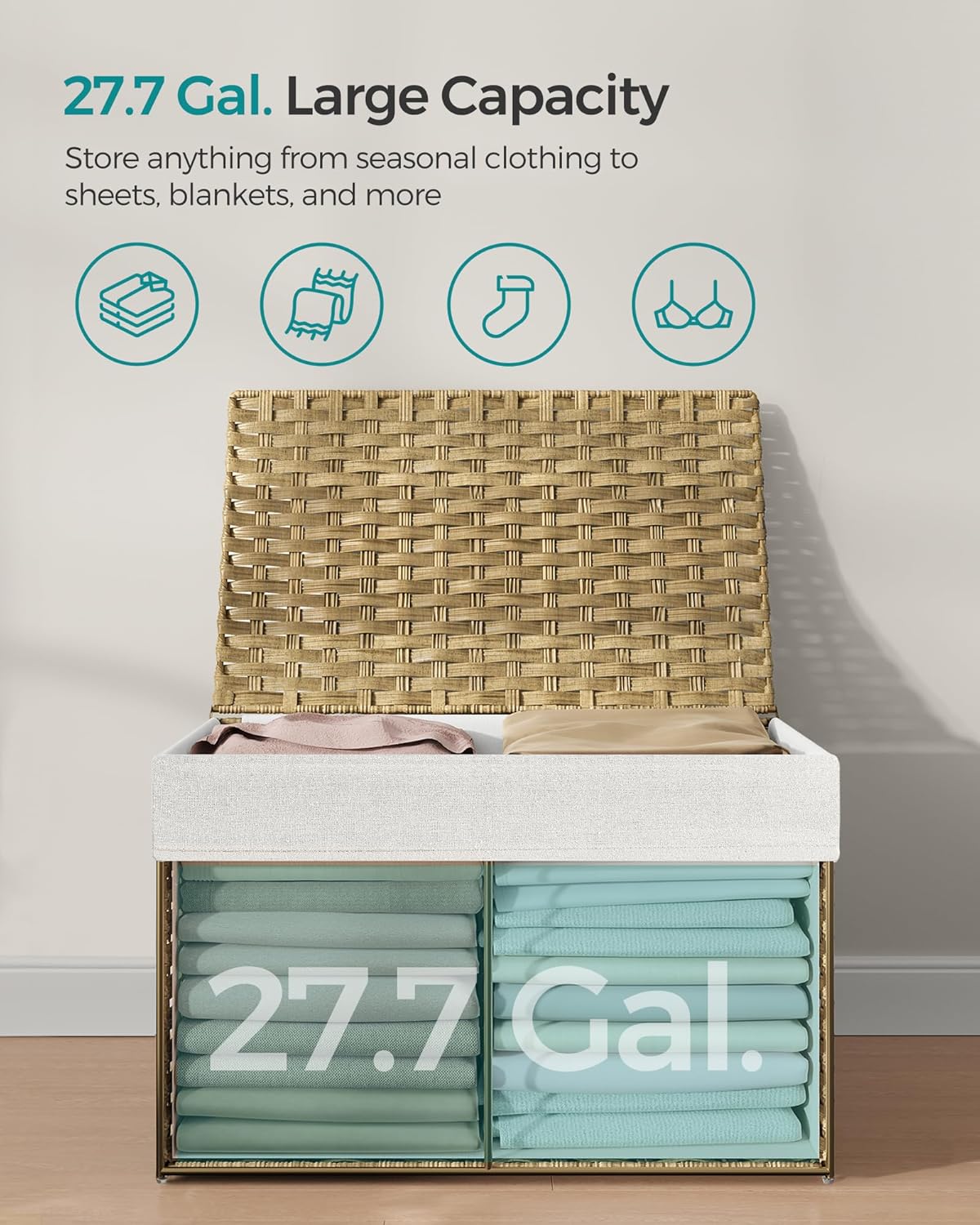 SONGMICS Storage Basket with Lid, 27.7 Gallon (105L) Storage Bin, Woven Blanket Storage Basket with Handles, Foldable, Removable Liner, Metal Frame, for Bedroom, Laundry Room, Natural URST066N018