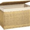 SONGMICS Storage Basket with Lid, 42.3 Gallon (160L) Storage Bin, Woven Blanket Storage Basket with Handles, Foldable, Removable Liner, Metal Frame, for Bedroom, Laundry Room, Natural URST76NL