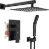 SR SUN RISE Black Square Rainfall Shower Head and Handle Set, Wall Mounted Shower Fixtures, Metal Shower Faucet Trim Repair Kits (With Shower Valve)