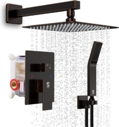 SR SUN RISE Oil Rubbed Bronze Shower System 10 Inches Square Shower Head with Handheld, Waterfall Showerhead, All Metal Shower Faucet Trim Repair Kits (Contain Shower Valve)