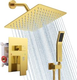 SR SUN RISE Shower System - Shower Faucet Set with 8 Inch Rain Shower Head and Handheld Shower - High Pressure Rain Shower System - All Metal Shower Faucet Trim Repair Kits - Brushed Gold
