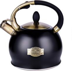 SUSTEAS Stove Top Whistling Tea Kettle - Food Grade Stainless Steel Teakettle Teapot with Cool Touch Ergonomic Handle, With 1 Silicone Pinch Mitt Included, 2.64 Quart(BLACK)