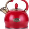 SUSTEAS Stove Top Whistling Tea Kettle - Food Grade Stainless Steel Teakettle Teapot with Cool Touch Ergonomic Handle, With 1 Silicone Pinch Mitt Included, 2.64 Quart(RED)