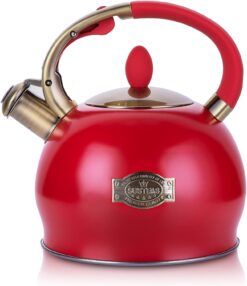 SUSTEAS Stove Top Whistling Tea Kettle - Food Grade Stainless Steel Teakettle Teapot with Cool Touch Ergonomic Handle, With 1 Silicone Pinch Mitt Included, 2.64 Quart(RED)