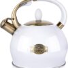 SUSTEAS Stove Top Whistling Tea Kettle - Food Grade Stainless Steel Teakettle Teapot with Cool Touch Ergonomic Handle, With 1 Silicone Pinch Mitt Included, 2.64 Quart(WHITE)