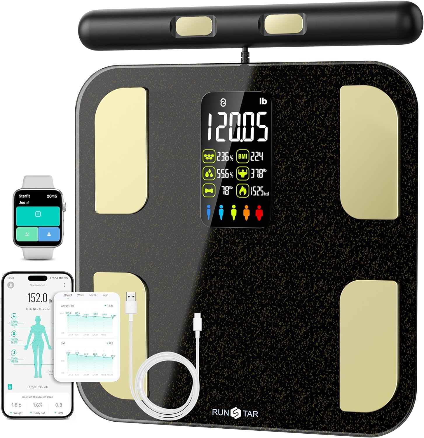 Scale for Body Weight, RunSTAR 8 Electrodes High Accurate Rechargeable Composition Analyzer with BMR Index Body Fat Digital Scale Composition Muscle & Fat Measurement Large Display 400L Scale for Body Weight, RunSTAR 8 Electrodes High Accurate Rechargeable Composition Analyzer with BMR Index Body Fat Digital Scale Composition Muscle & Fat Measurement Large Display 400L
