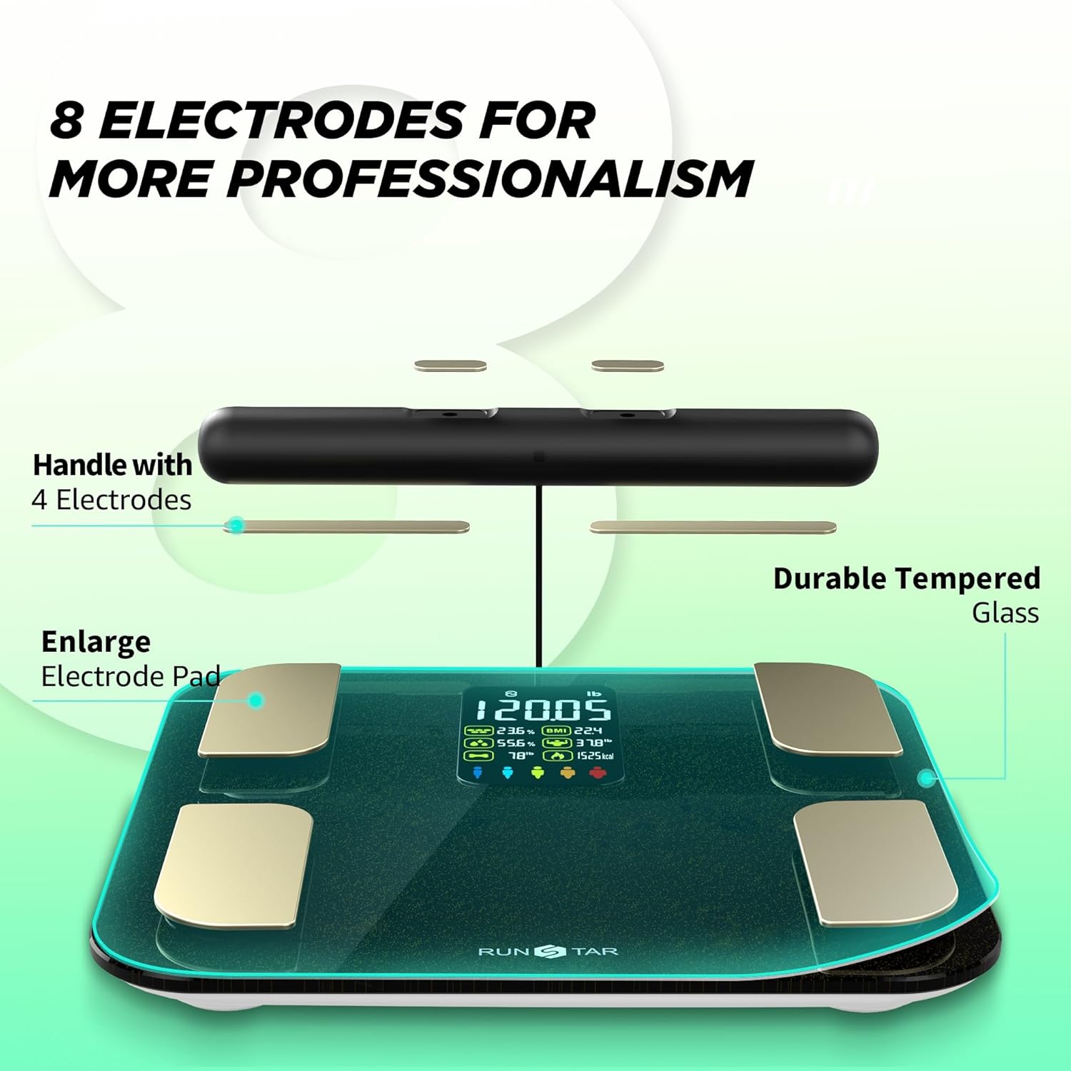 Scale for Body Weight, RunSTAR 8 Electrodes High Accurate Rechargeable Composition Analyzer with BMR Index Body Fat Digital Scale Composition Muscle & Fat Measurement Large Display 400L3