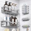 Shower Caddy 5 Pack,Adhesive Shower Organizer for Bathroom Storage&Home Decor&Kitchen,No Drilling,Large Capacity,Rustproof Stainless Steel Bathroom Organizer,Shower Shelves for Inside Shower (Light Grey)