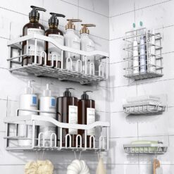 Shower Caddy 5 Pack,Adhesive Shower Organizer for Bathroom Storage&Home Decor&Kitchen,No Drilling,Large Capacity,Rustproof Stainless Steel Bathroom Organizer,Shower Shelves for Inside Shower (White)