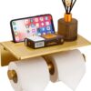 Smarthome Double Toilet Paper Holder with Shelf, Commercial Toilet Paper Roll Dispenser Wall Mount with Cell Phone Storage Rack, Aluminium Fits Mega Roll Dual Toilet Paper Tissue Holder Brushed Gold