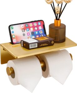 Smarthome Double Toilet Paper Holder with Shelf, Commercial Toilet Paper Roll Dispenser Wall Mount with Cell Phone Storage Rack, Aluminium Fits Mega Roll Dual Toilet Paper Tissue Holder Brushed Gold