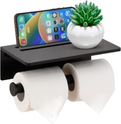 Smarthome Toilet Paper Holder - Aluminium Double Roll Toilet Tissue Holder with Mobile Phone Shelf for Bathroom, 3M Self Adhesive No Drilling or Wall-Mounted with Screws, Rustproof Modern Style Black