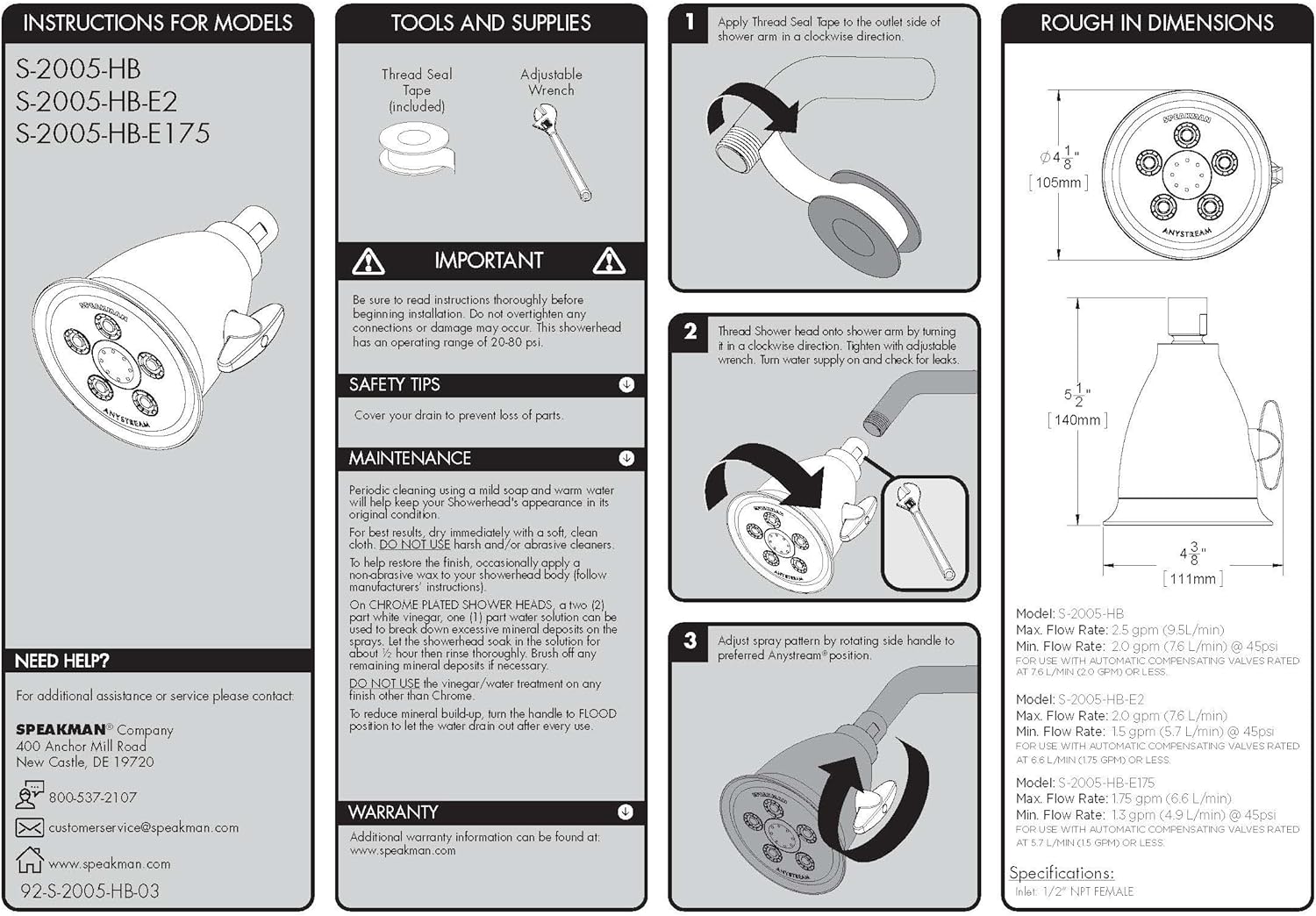 Speakman S-2005-HB-BC Hotel Anystream High Pressure 2.5 GPM Adjustable Shower Head, Brushed Chrome2