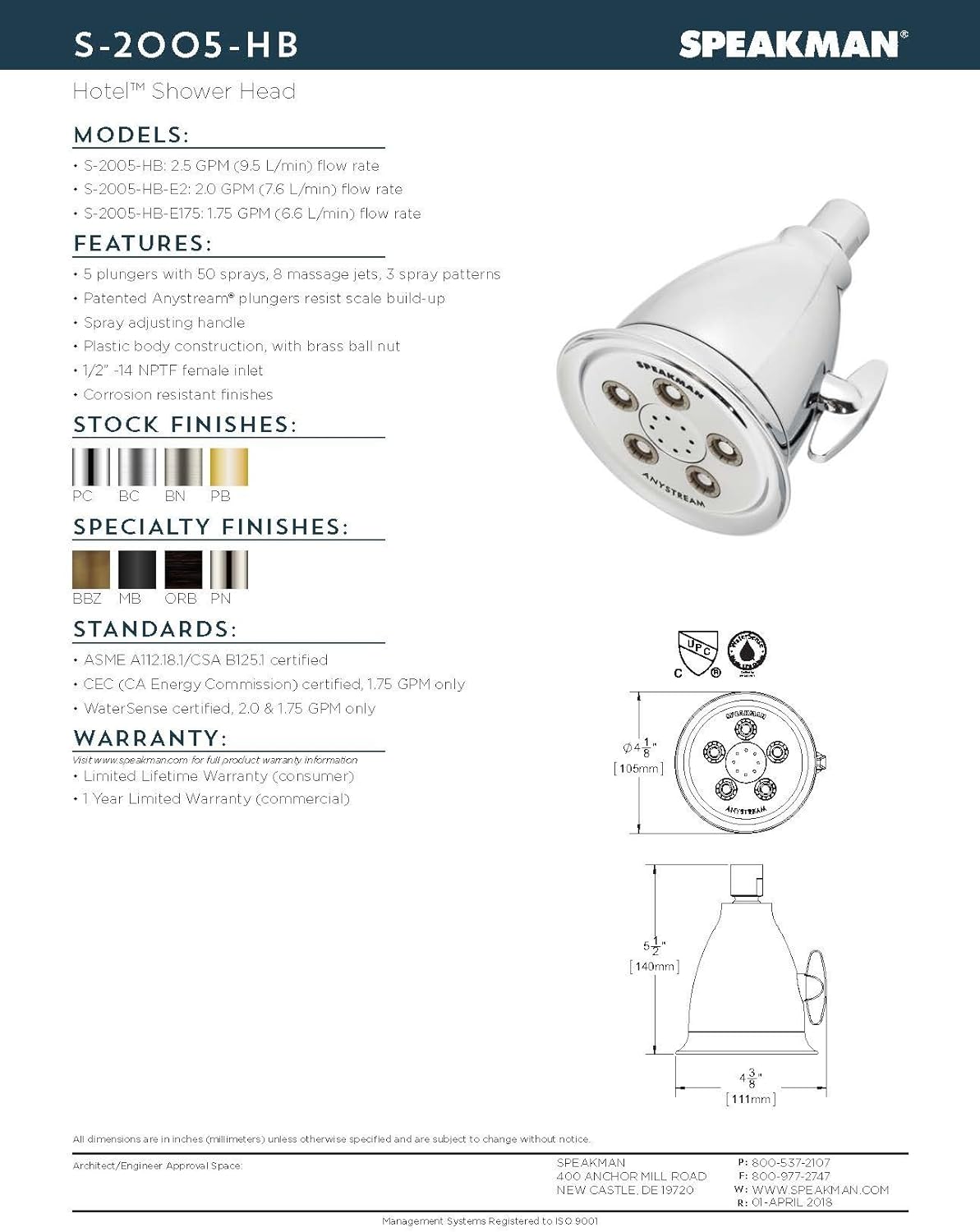 Speakman S-2005-HB-BC Hotel Anystream High Pressure 2.5 GPM Adjustable Shower Head, Brushed Chrome5
