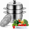 Stainless Steel Steamer Pot Thick-bottomed, 3 Tier Food Steamer for Cooking, Large Metal Steam Cooker, Work for Induction and Stove, Suitable for Tamale, Vegetable, Dumpling and Seafood