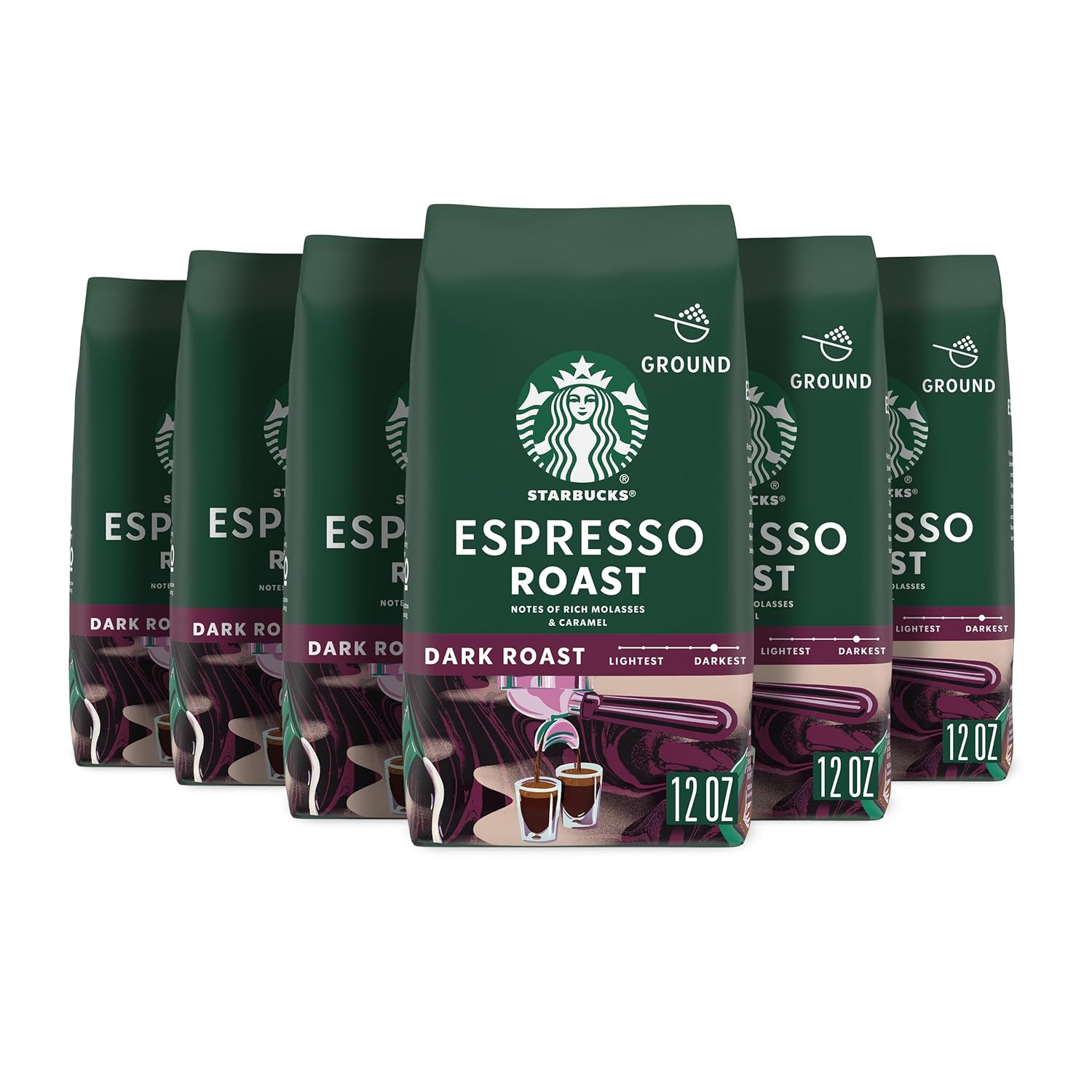 Starbucks Ground Coffee, Dark Roast Coffee, Espresso Roast, 100% Arabica, 6 bags (12 oz each) Starbucks Ground Coffee, Dark Roast Coffee, Espresso Roast, 100% Arabica, 6 bags (12 oz each)