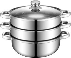 Steamer Pot for Cooking 11 inch Steamer Pot, 3-tier Multipurpose 18/8 Stainless Steel Steam Pot Cookware with Lid for Vegetable, Dumpling, Stock, Sauce, Food
