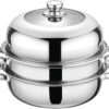 Steamer Pot for Cooking,18/8 Stainless Steel Steamer Pot,11 inch Steam Pots with Lid 2-tier for Cooking Veggies Fish Seafood Noodles, Pasta, Food