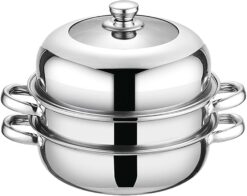 Steamer Pot for Cooking,18/8 Stainless Steel Steamer Pot,11 inch Steam Pots with Lid 2-tier for Cooking Veggies Fish Seafood Noodles, Pasta, Food