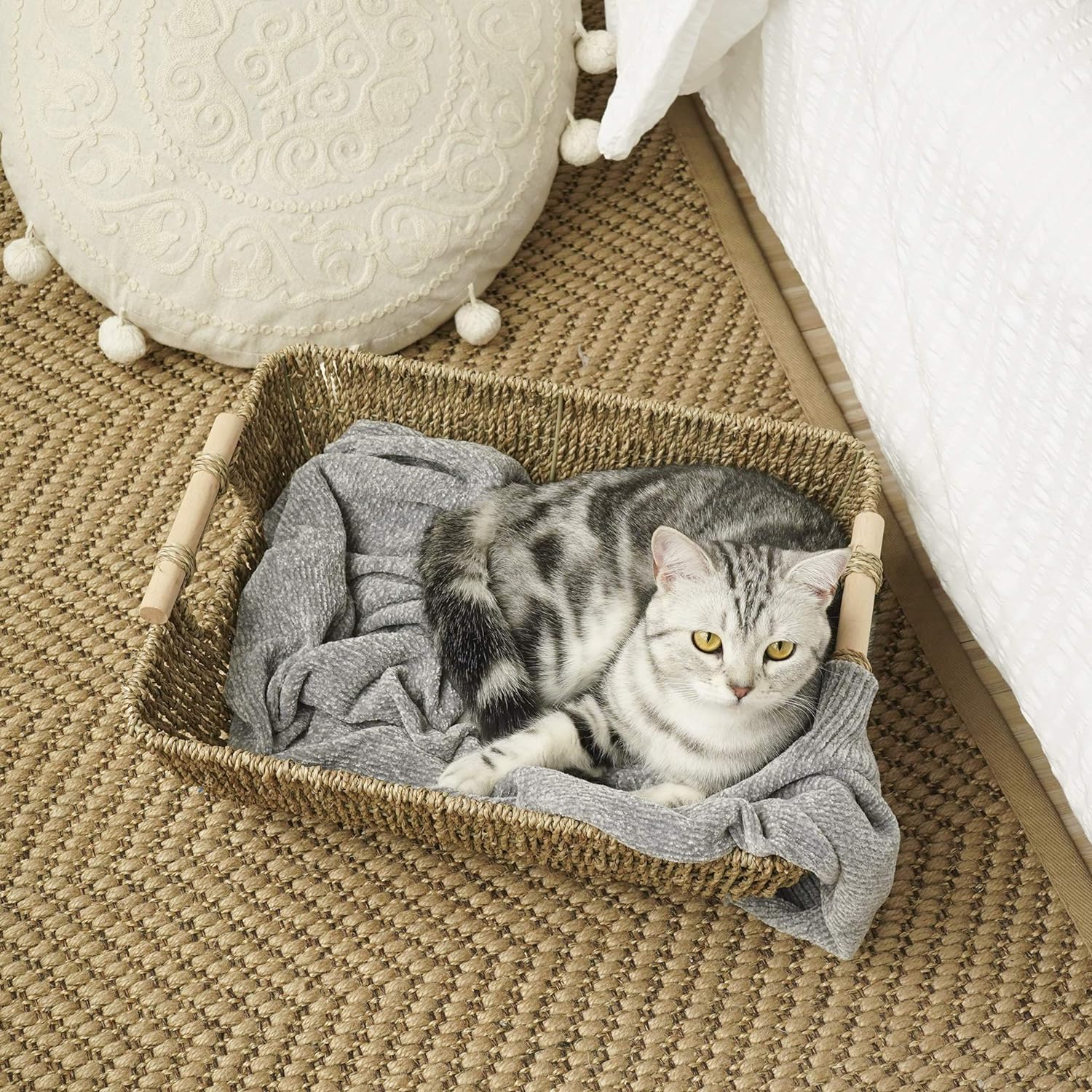 StorageWorks Hand-Woven Jumbo Storage Baskets with Wooden Handles, Seagrass Wicker Baskets for Organizing, 2-Pack-