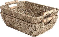 StorageWorks Hand-Woven Large Storage Baskets with Wooden Handles, Seagrass Wicker Baskets for Organizing, 2-Pack