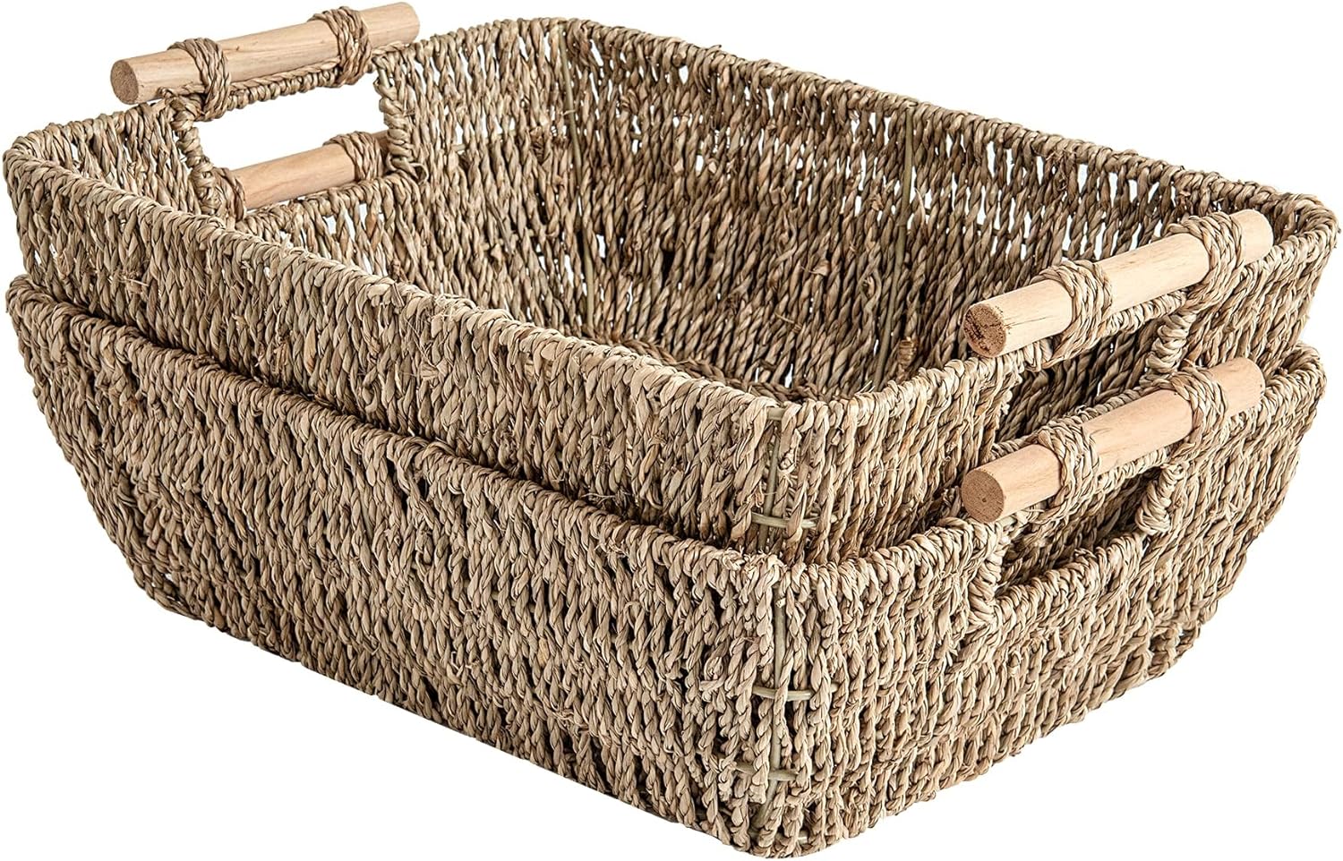 StorageWorks Hand-Woven Large Storage Baskets with Wooden Handles, Seagrass Wicker Baskets for Organizing, 2-Pack StorageWorks Hand-Woven Large Storage Baskets with Wooden Handles, Seagrass Wicker Baskets for Organizing, 2-Pack