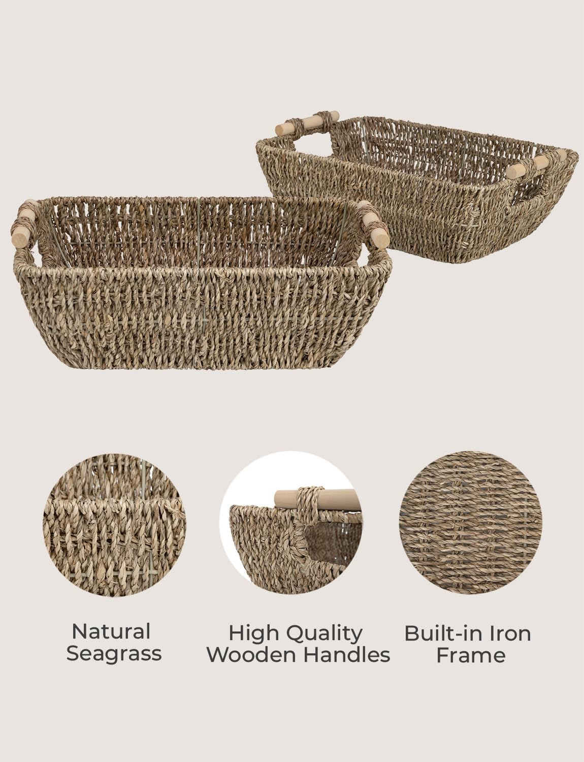 StorageWorks Hand-Woven Large Storage Baskets with Wooden Handles, Seagrass Wicker Baskets for Organizing, 2-Pack2