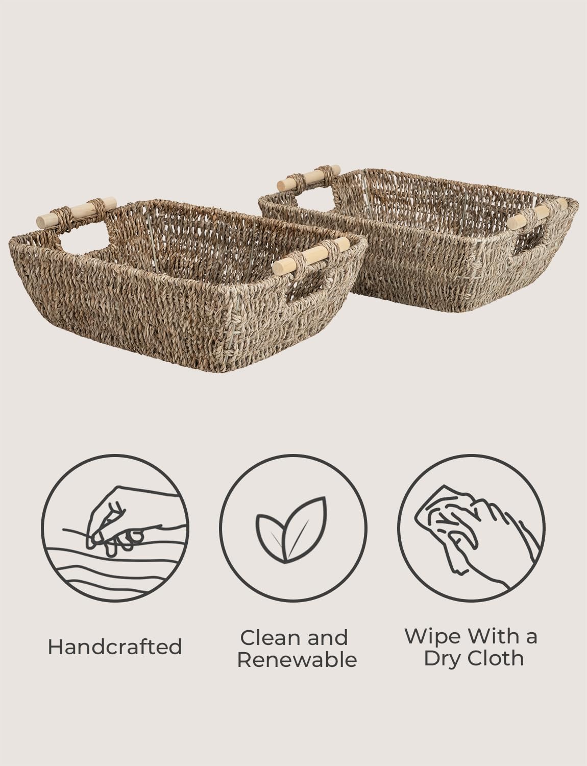 StorageWorks Hand-Woven Large Storage Baskets with Wooden Handles, Seagrass Wicker Baskets for Organizing, 2-Pack4
