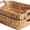 StorageWorks Hand-Woven Large Storage Baskets with Wooden Handles, Water Hyacinth Wicker Baskets for Organizing, 2-Pack