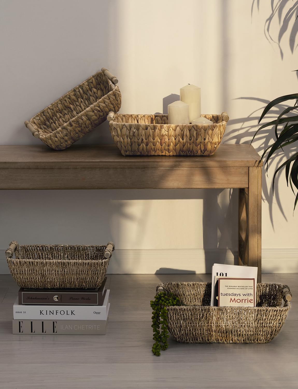 StorageWorks Hand-Woven Large Storage Baskets with Wooden Handles, Water Hyacinth Wicker Baskets for Organizing, 2-Pack0