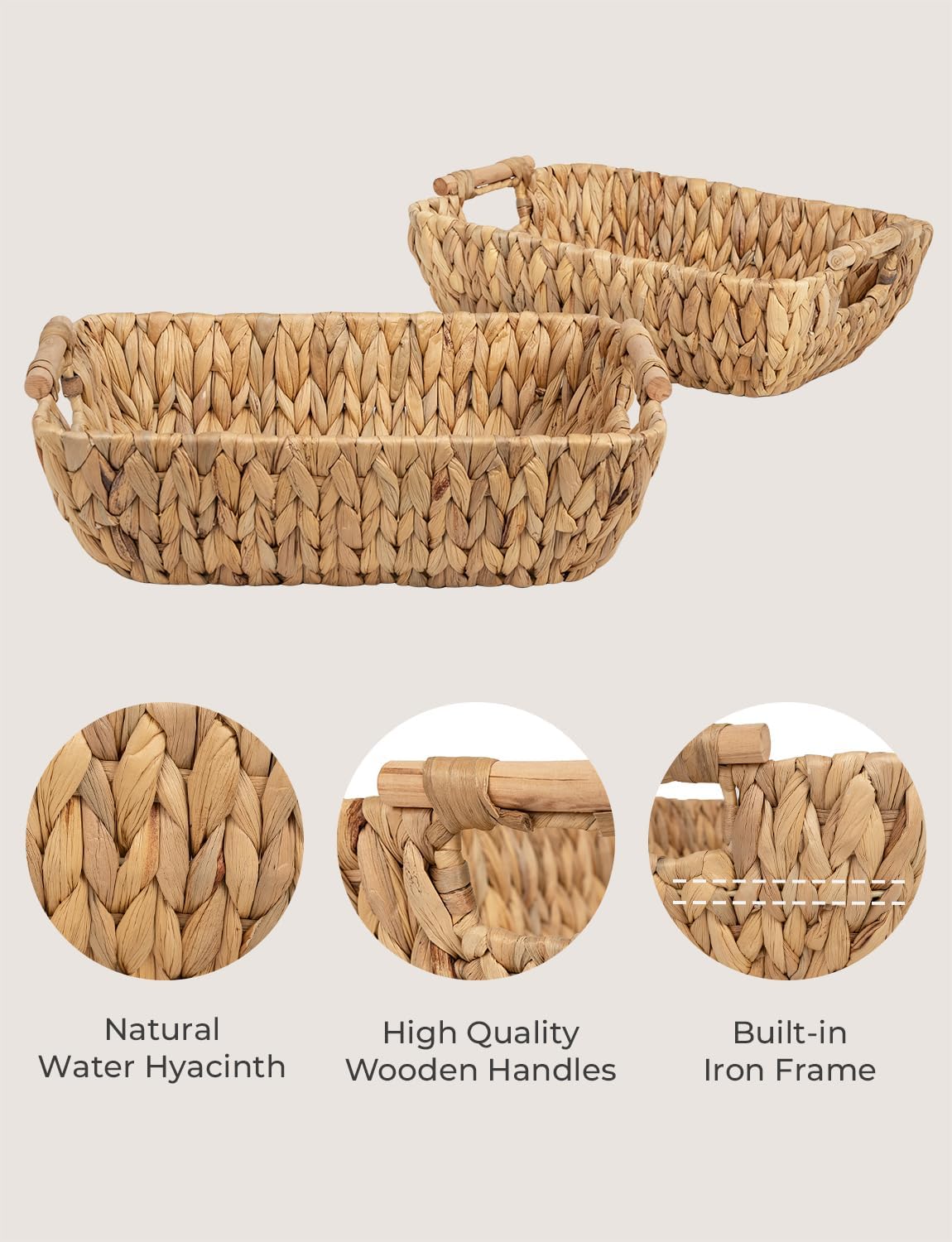 StorageWorks Hand-Woven Large Storage Baskets with Wooden Handles, Water Hyacinth Wicker Baskets for Organizing, 2-Pack2