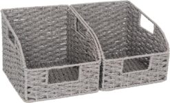 StorageWorks Pantry Storage Baskets for Organizing, Kitchen Counter Basket with Built-in Handles, Handwoven Kitchen Storage Baskets, Round Paper Rope Wicker Baskets for Pantry Storage, Gray, 2 Pack