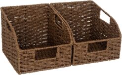 StorageWorks Round Paper Rope Storage Baskets for Organizing, Wicker Baskets with Built-in Handles, Handwoven Wicker Storage Baskets, Wicker Baskets for Shelves Storage, Brown, 2 Pack