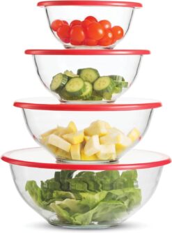 Superior Glass Mixing Bowls Set with Lids - 8-Piece with BPA-Free lids, Space-Saving Nesting Bowls - Easy Grip & Stable Design for Meal Prep & Food Storage - For Cooking, Baking, Striking Red