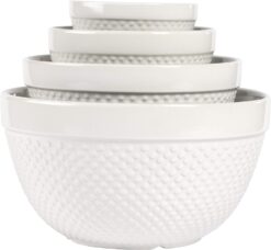 TTU Tabletops Gallery Hobnail Style 4 Piece Classic White Stoneware Nesting Mixing Bowl Set for Baking and Cooking