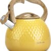Tea Kettle, Stovetop Teapot, 2.5 Quart, Loud Whistle, Food Grade Stainless Steel and Smooth Wood Pattern Handle, Sophisticated Look for Hiking, Picnic, for Tea, Coffee, (Yellow)