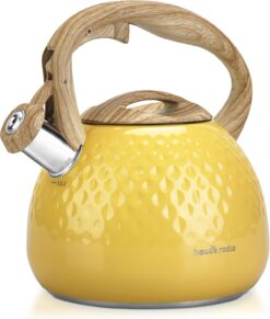 Tea Kettle, Stovetop Teapot, 2.5 Quart, Loud Whistle, Food Grade Stainless Steel and Smooth Wood Pattern Handle, Sophisticated Look for Hiking, Picnic, for Tea, Coffee, (Yellow)