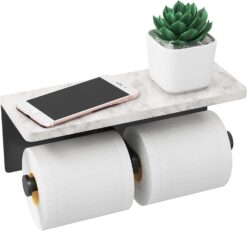 Toilet Paper Holder with Shelf, New Upgrade Double Toilet Paper Holder with Storage, Marble Roll Toilet Paper Wall Mount for Bathroom Washroom(Black)