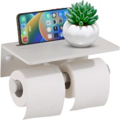 Toilet Paper Roll Holder Bathroom Decor - Double Roll Toiler Tissue Holder with Mobile Phone Shelf - Dual Toilet Paper Holder Wall Mount and Self Adhesive Paper Roll Dispenser – Matte White