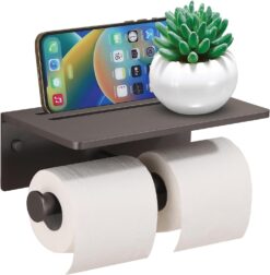 Toilet Paper Roll Holder - Double Roll Toiler Tissue Holder with Mobile Phone Shelf – Aluminum Dual Toilet Paper Storage Wall Mount, Self Adhesive Paper Roll Dispenser– Matte Gray